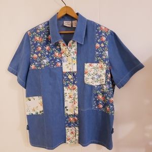 Vintage Women Camp Shirt Large Patchwork Denim Chambray Floral Cabincore